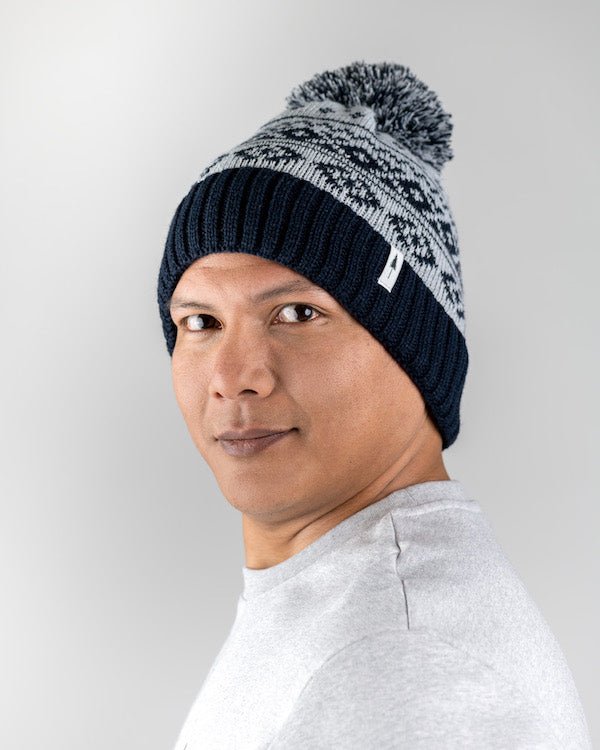 Treeanie Knitted Norwegian Pom Pom - Light Grey Mel-Navy - BEANIE - NIKIN