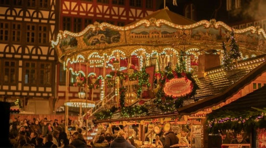 Christmas market with carousel and lights