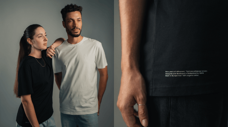 Two models are wearing a white and black TreeShirt Evolve on the left, on the right is a close-up of the black shirt.