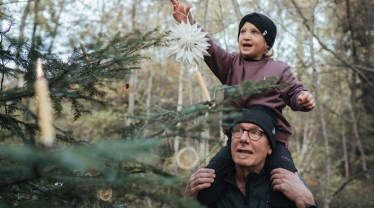 Un grand-père et une petite-fille décorent le sapin de Noël.
